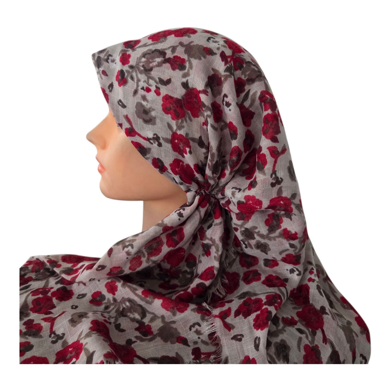 Off white/red - many flowers  - long kerchief back - soft fringes pretied tichel (BBS) w/band sewn in