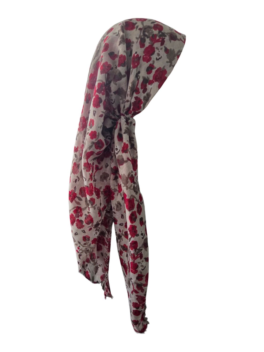 Off white/red - many flowers  - long kerchief back - soft fringes pretied tichel (BBS) w/band sewn in