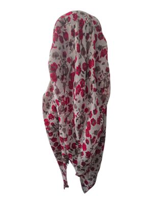Off white/red - many flowers  - long kerchief back - soft fringes pretied tichel (BBS) w/band sewn in