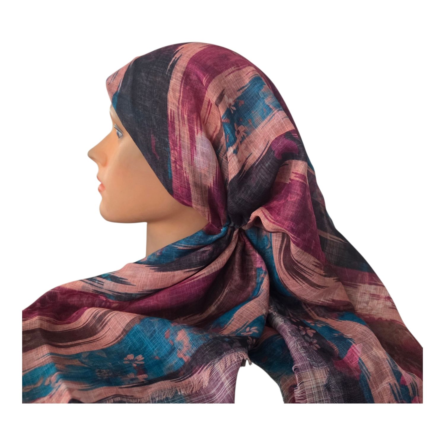 Multi colored peachy  -  long kerchief back - soft fringes pretied tichel (BBS) w/band sewn in