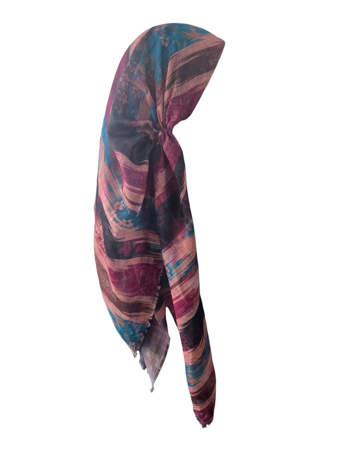 Multi colored peachy  -  long kerchief back - soft fringes pretied tichel (BBS) w/band sewn in