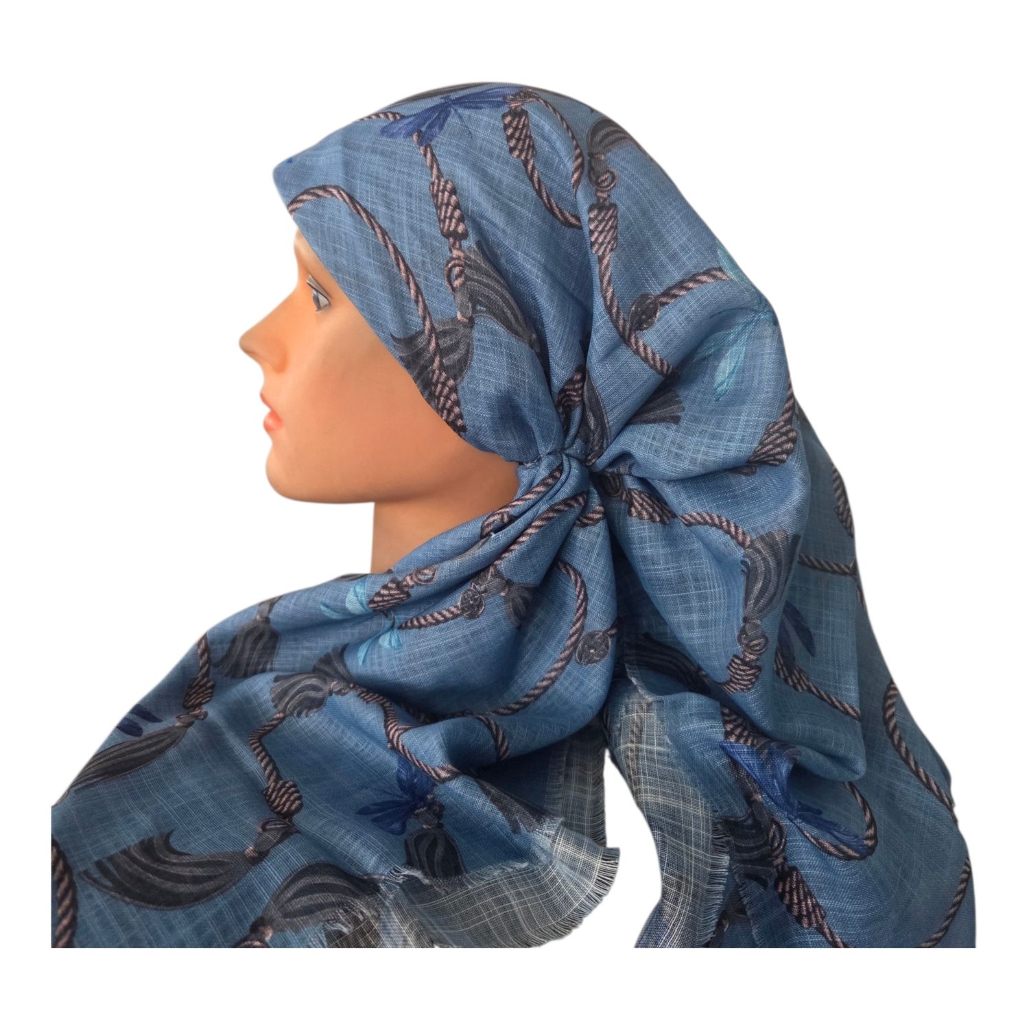 Light denim ropes - long kerchief back - soft fringes pretied tichel (BBS) w/band sewn in