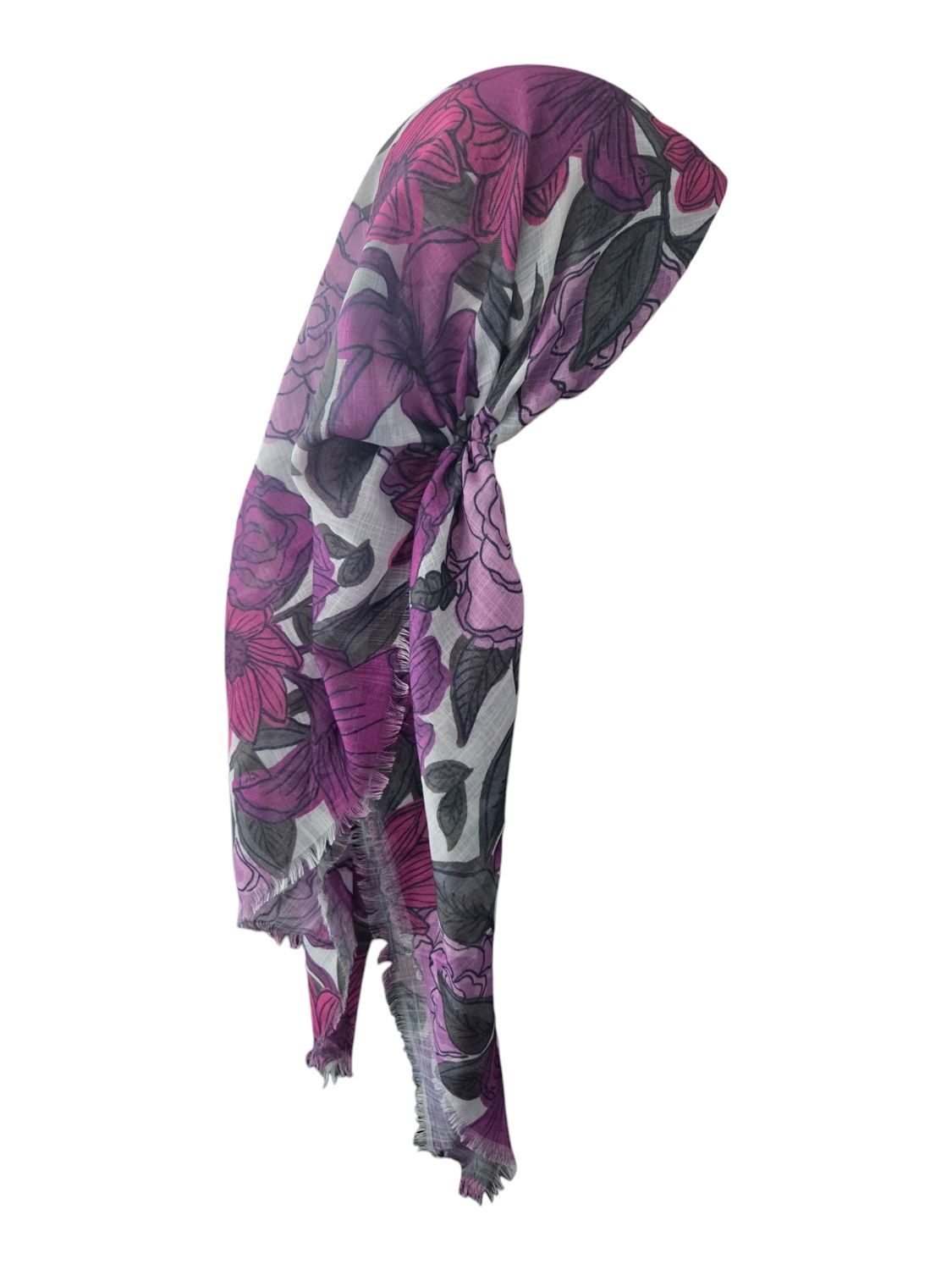 Purple - Spring flowers  - long kerchief back - soft fringes pretied tichel (BBS) w/band sewn in