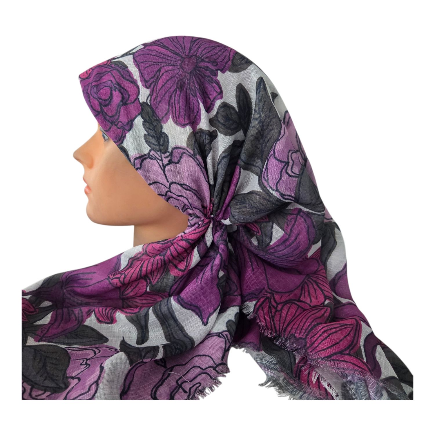 Purple - Spring flowers  - long kerchief back - soft fringes pretied tichel (BBS) w/band sewn in