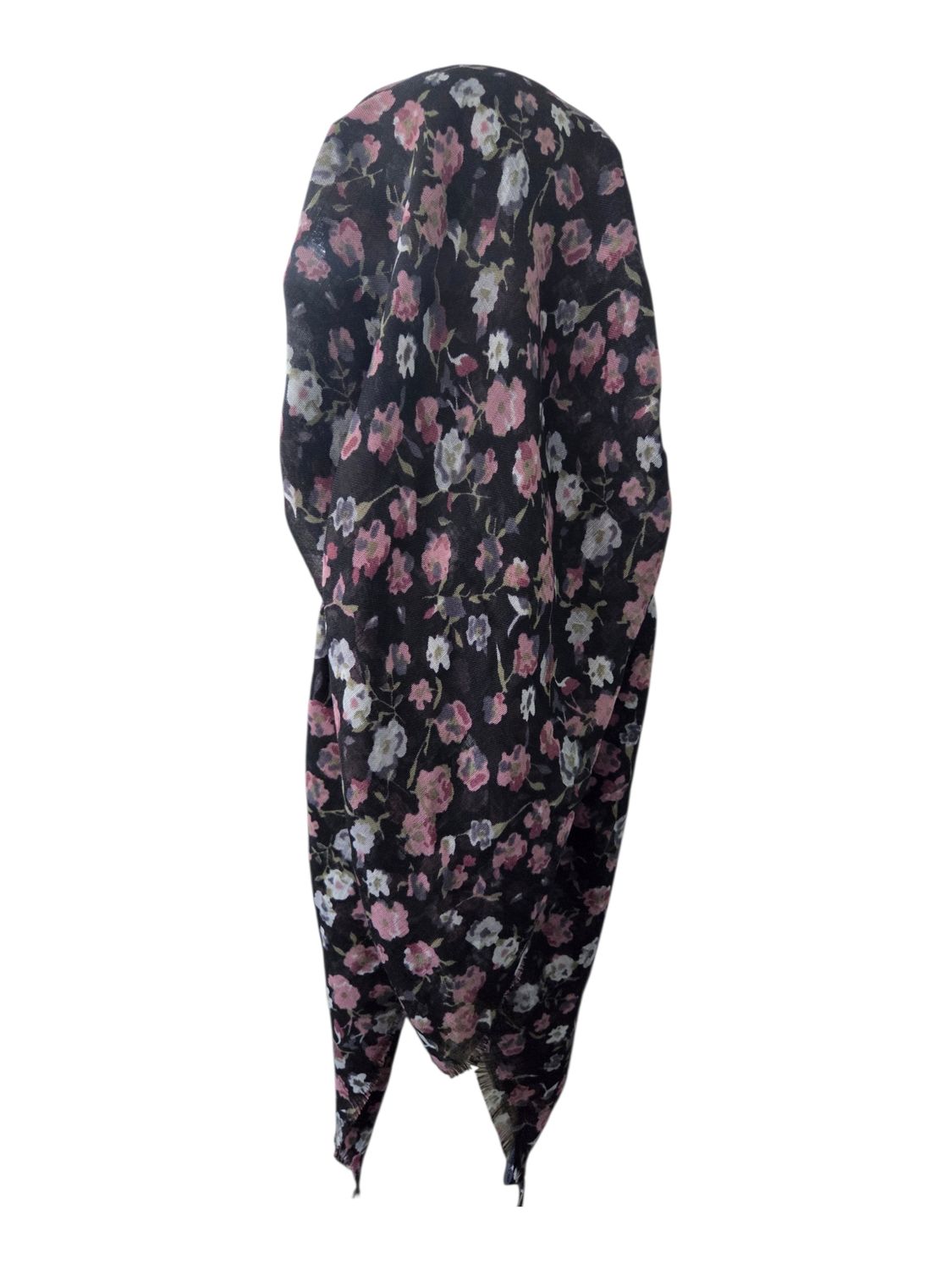Black/blush - many flowers  - long kerchief back - soft fringes pretied tichel (BBS) w/band sewn in