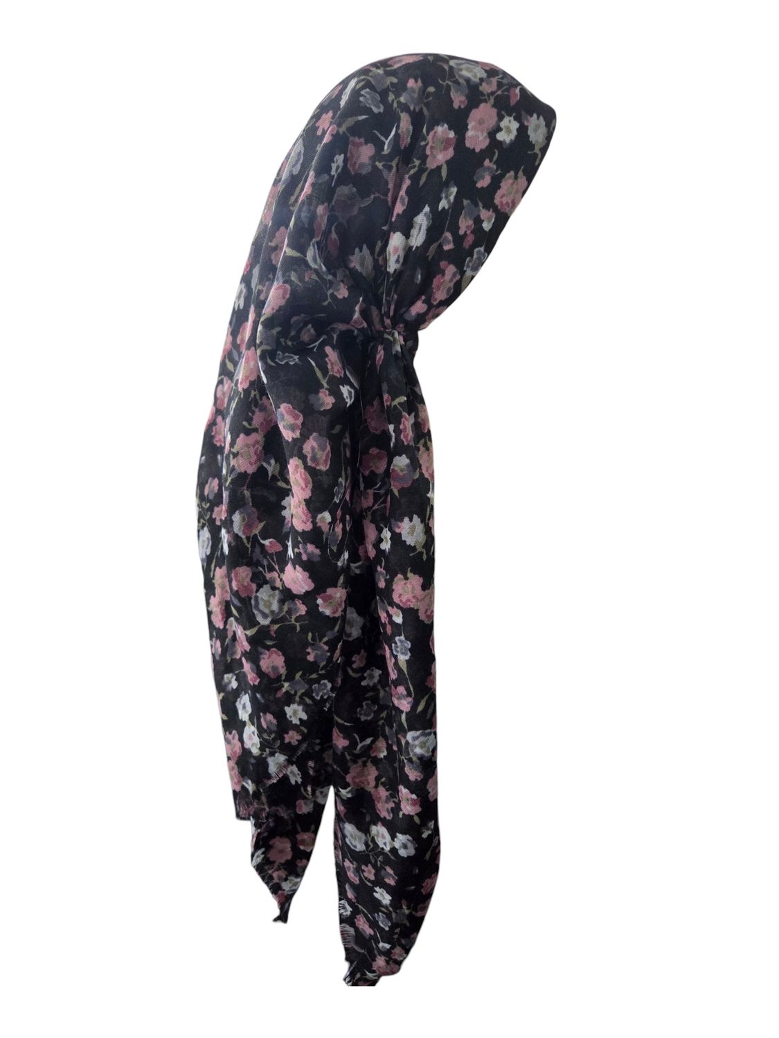 Black/blush - many flowers  - long kerchief back - soft fringes pretied tichel (BBS) w/band sewn in