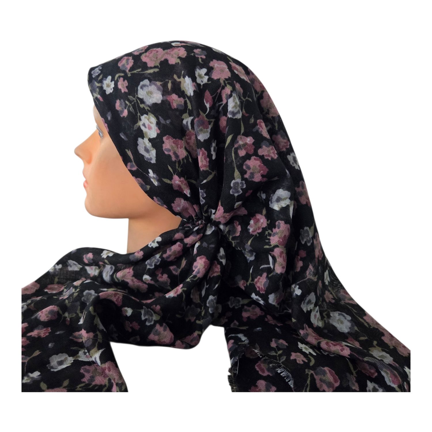 Black/blush - many flowers  - long kerchief back - soft fringes pretied tichel (BBS) w/band sewn in