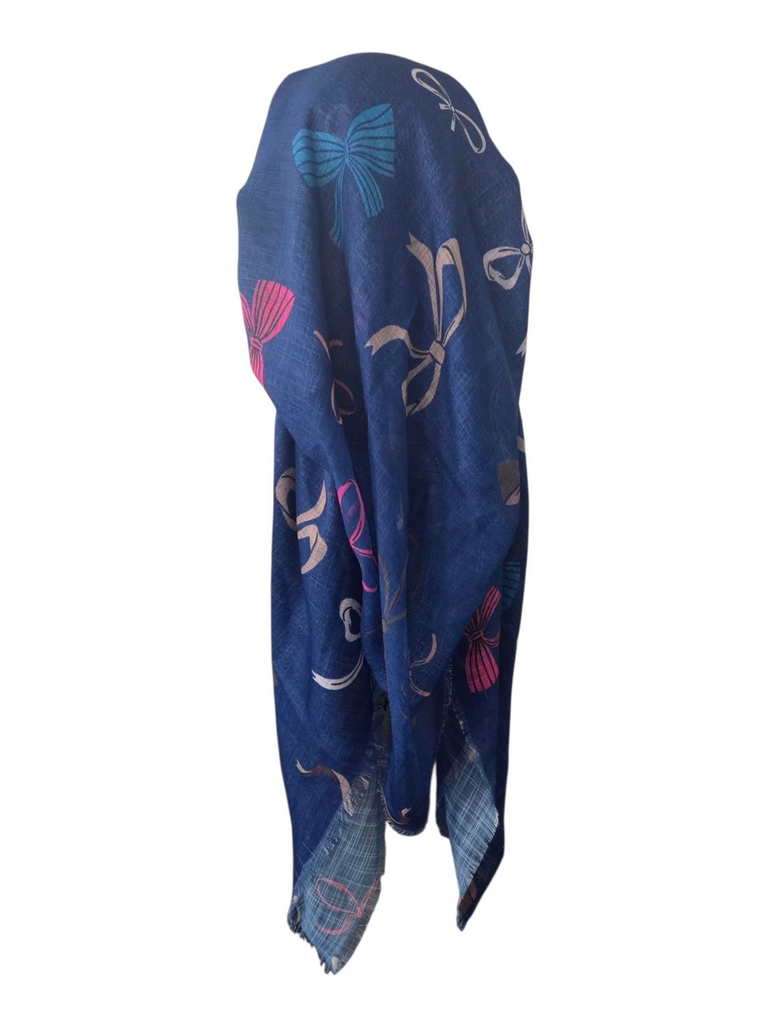 Blue bows - long kerchief back - soft fringes pretied tichel (BBS) w/band sewn in