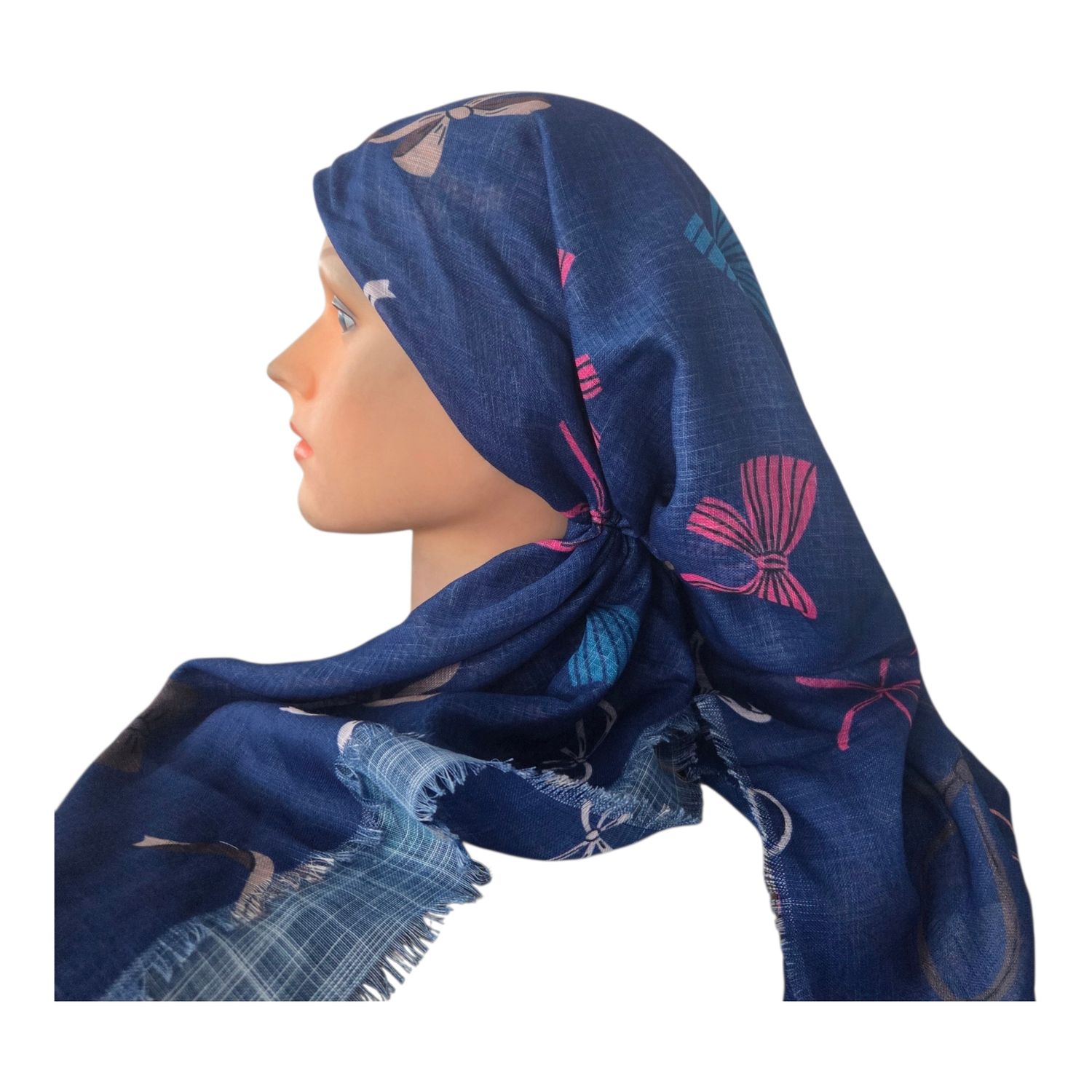 Blue bows - long kerchief back - soft fringes pretied tichel (BBS) w/band sewn in