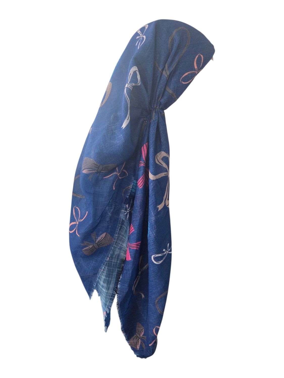 Blue bows - long kerchief back - soft fringes pretied tichel (BBS) w/band sewn in