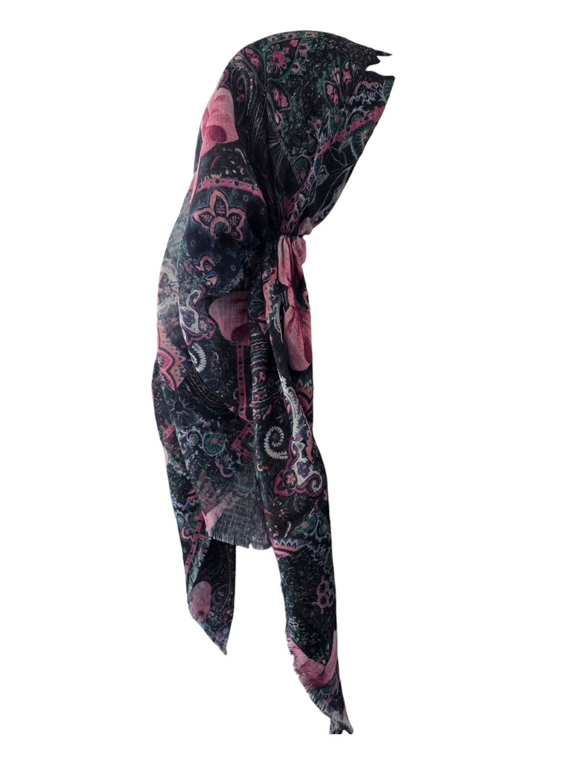 Black floral and bow - long back pre-tied kerchief w/band sewn in  -  soft fringed edges material