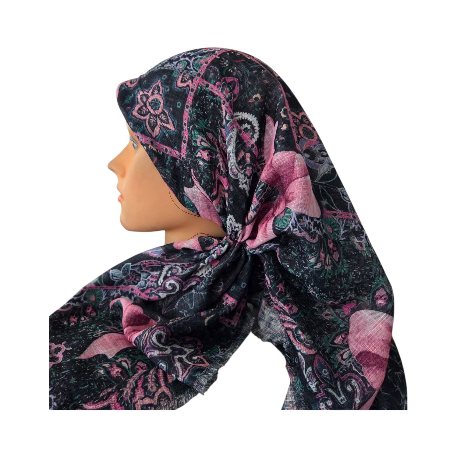 Black floral and bow - long back pre-tied kerchief w/band sewn in  -  soft fringed edges material