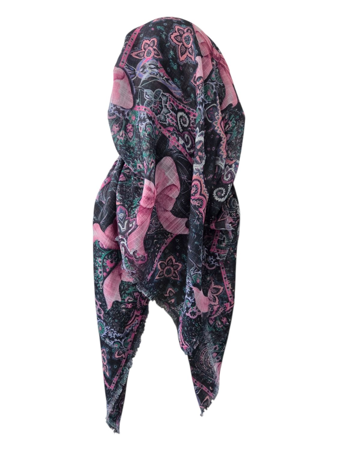Black floral and bow - long back pre-tied kerchief w/band sewn in  -  soft fringed edges material