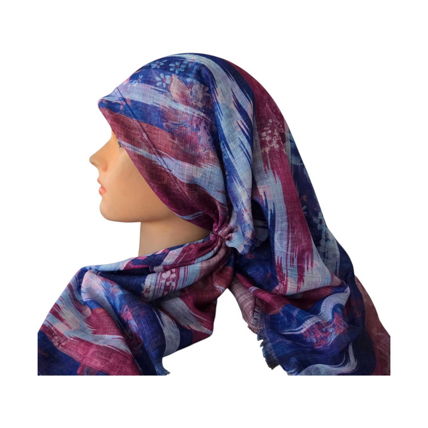 Blue pretty - long back pre-tied kerchief w/band sewn in  -  soft fringed edges material