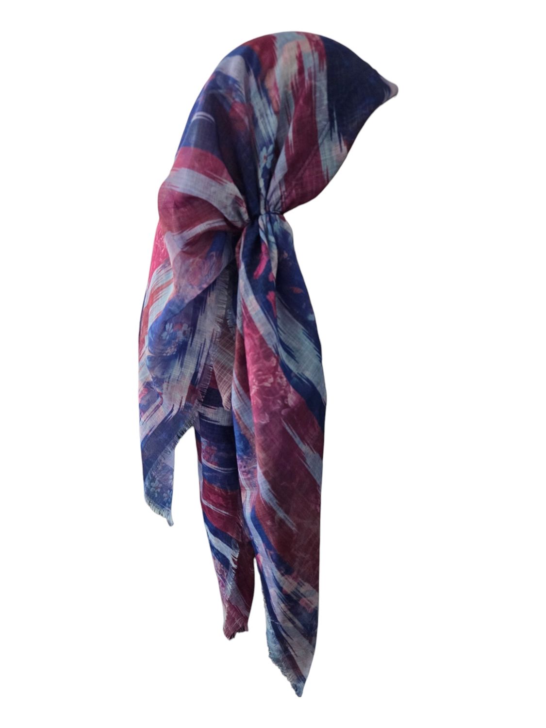 Blue pretty - long back pre-tied kerchief w/band sewn in  -  soft fringed edges material