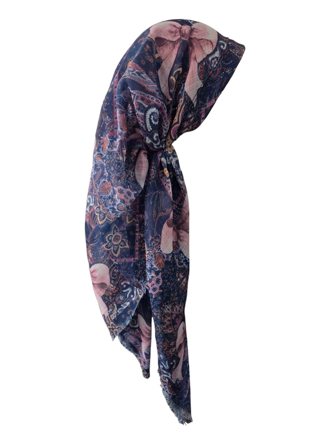 Navy floral and bow - long back pre-tied kerchief w/band sewn in  -  soft fringed edges material