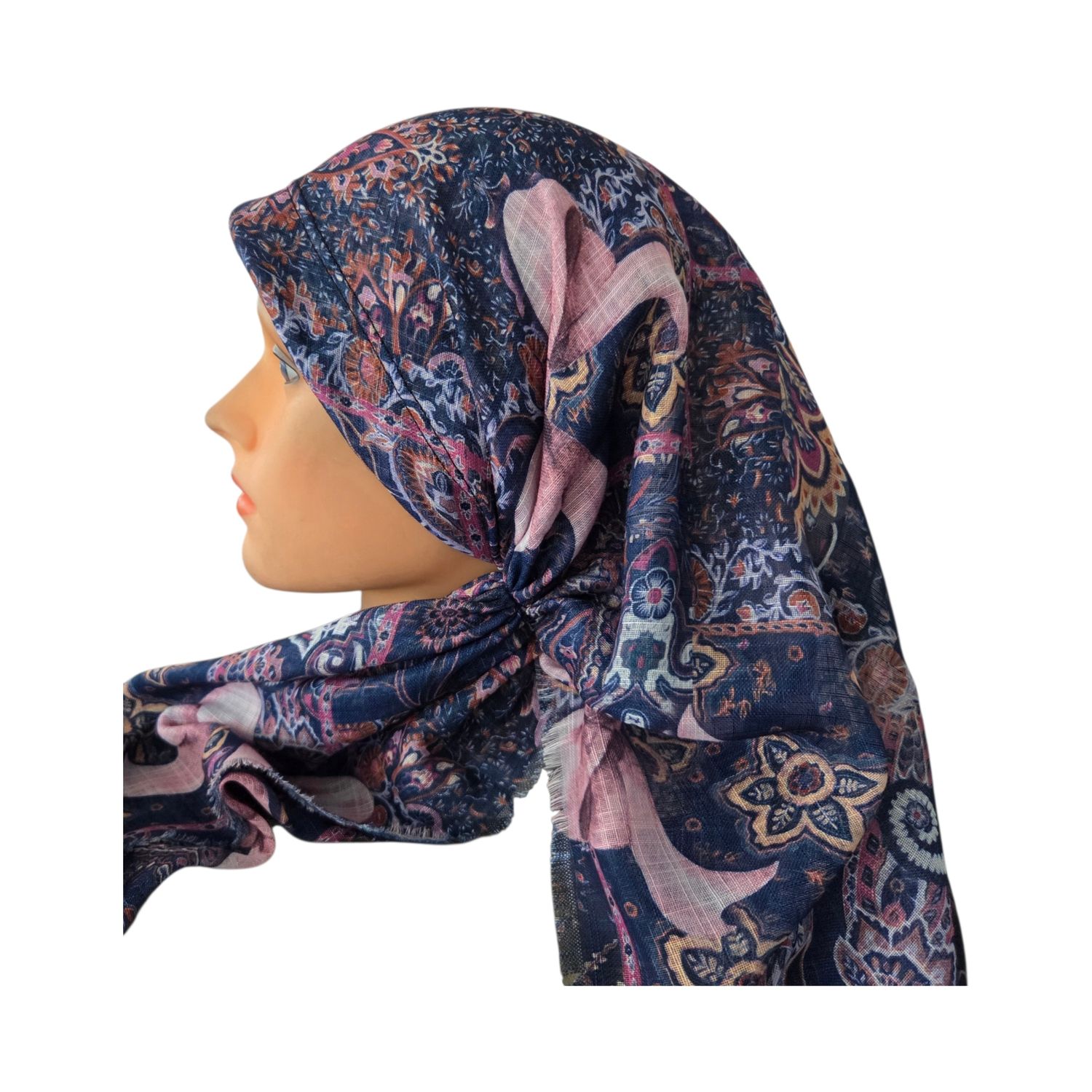 Navy floral and bow - long back pre-tied kerchief w/band sewn in  -  soft fringed edges material