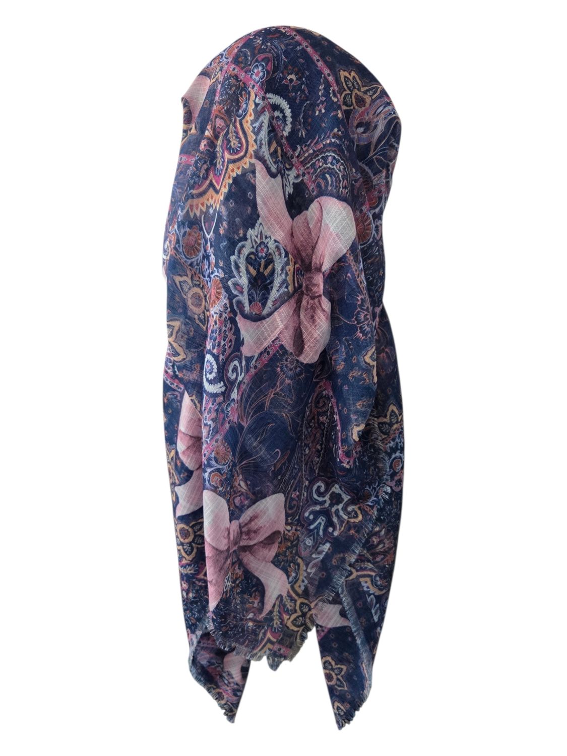Navy floral and bow - long back pre-tied kerchief w/band sewn in  -  soft fringed edges material