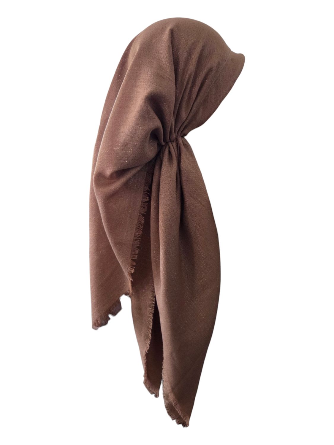Light brown glittery  - long back pre-tied kerchief w/band sewn in  -  soft fringed edges material