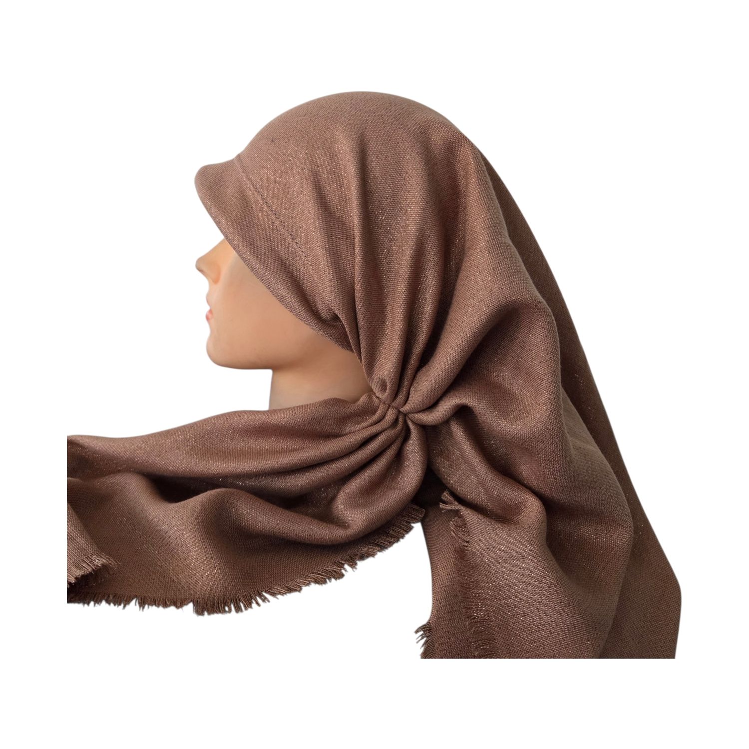 Light brown glittery  - long back pre-tied kerchief w/band sewn in  -  soft fringed edges material