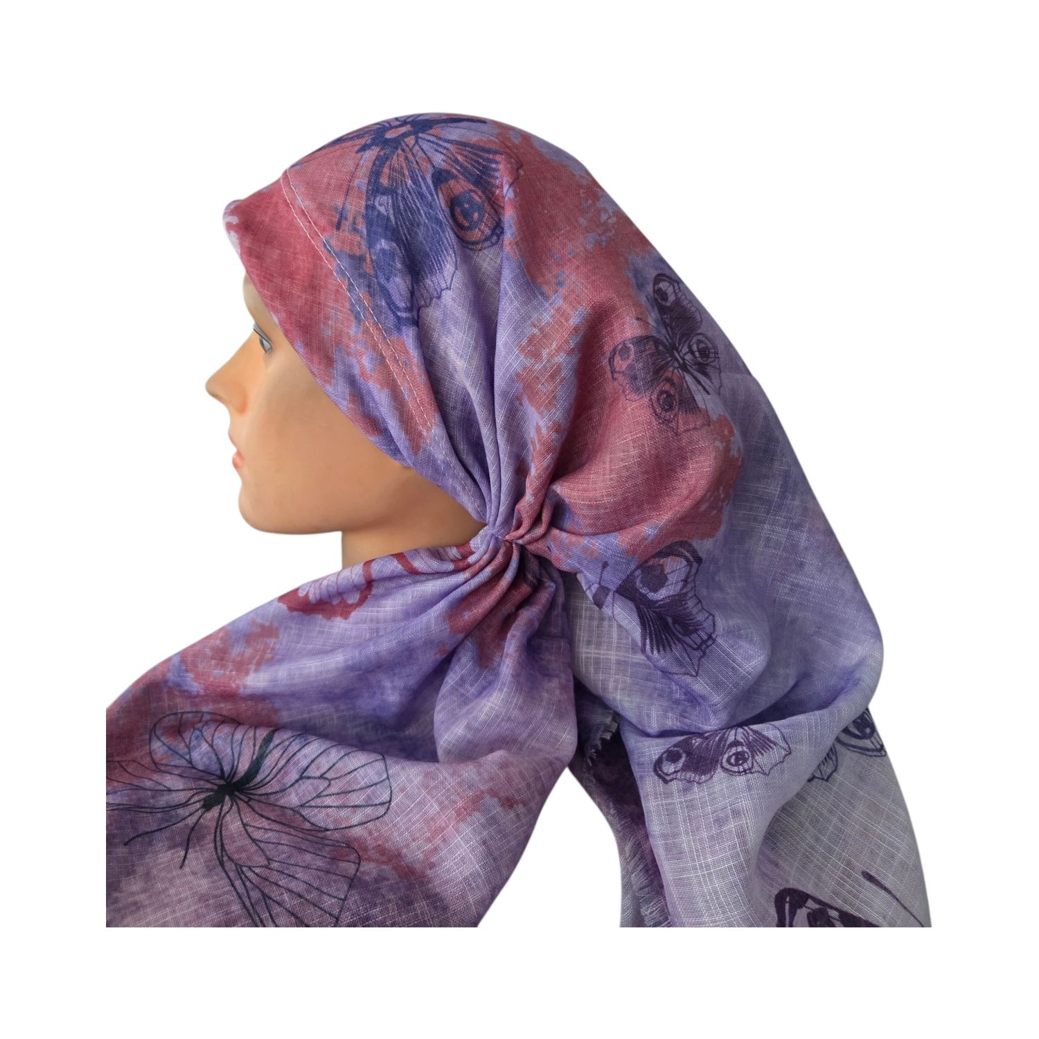 Lavender shaded butterflies  - long back pre-tied kerchief w/band sewn in  -  soft fringed edges material