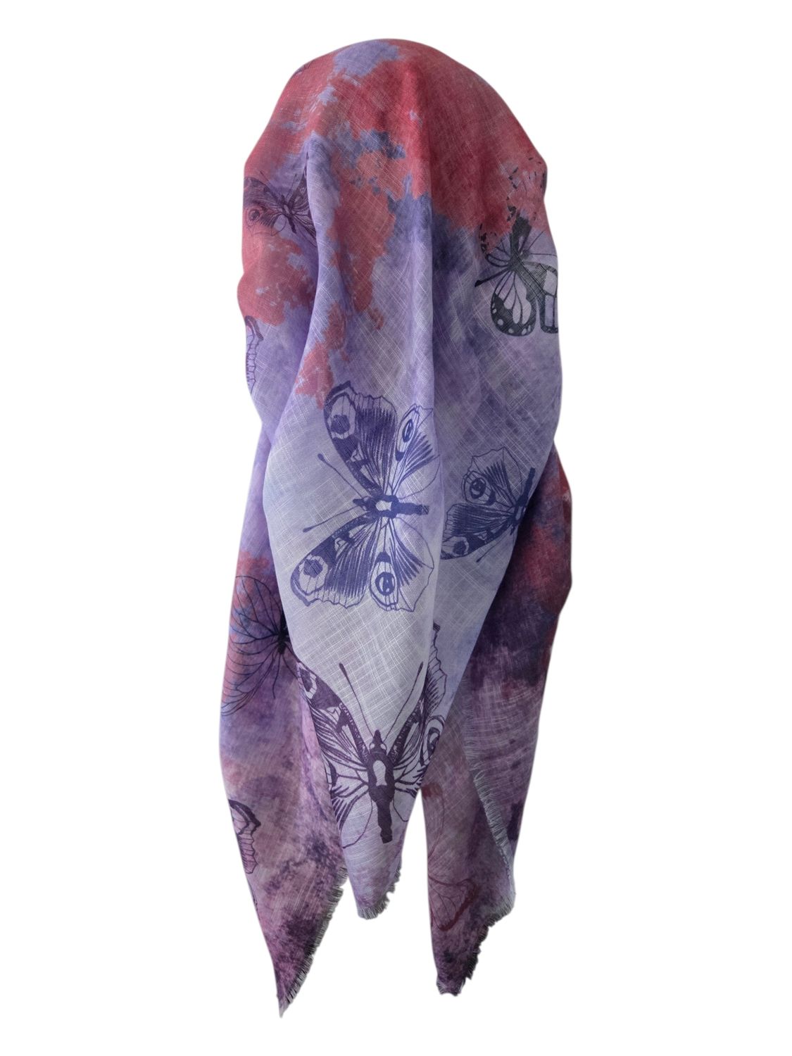 Lavender shaded butterflies  - long back pre-tied kerchief w/band sewn in  -  soft fringed edges material