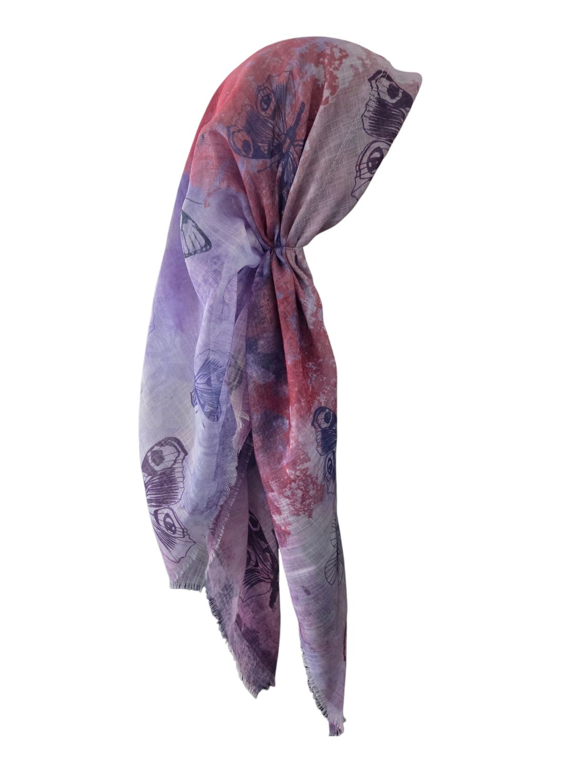Lavender shaded butterflies  - long back pre-tied kerchief w/band sewn in  -  soft fringed edges material