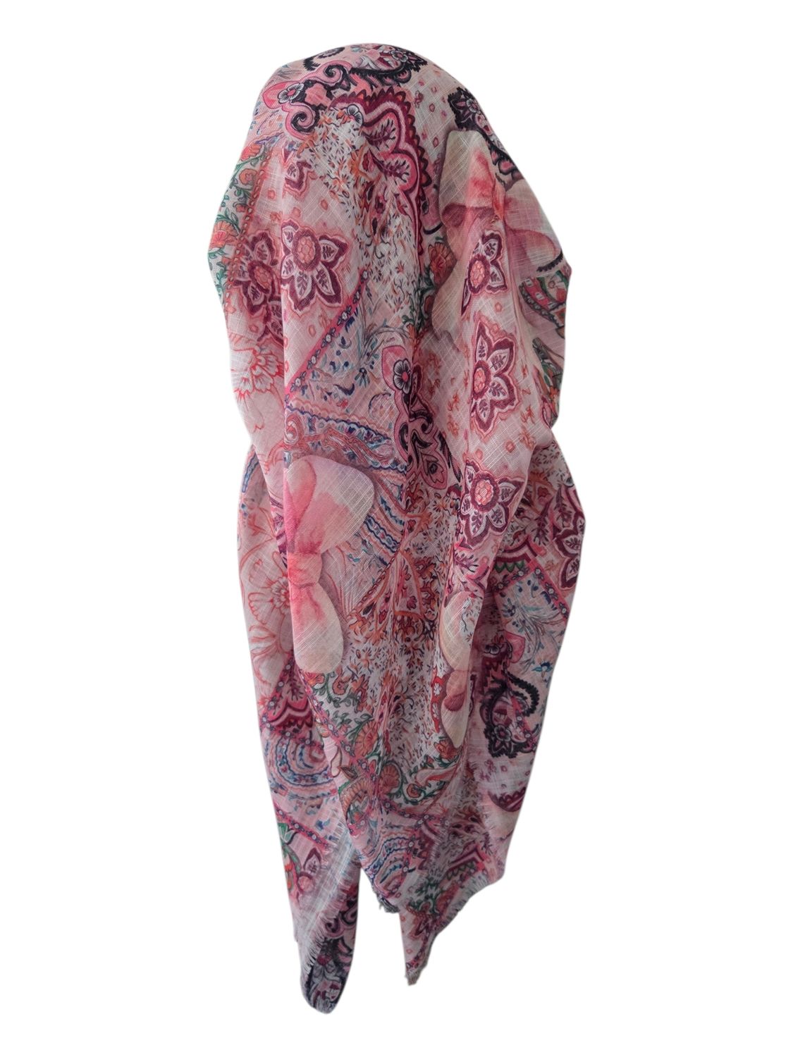 Off white floral and bow - long back pre-tied kerchief w/band sewn in  -  soft fringed edges material