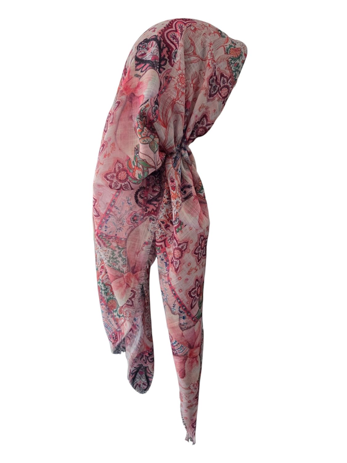Off white floral and bow - long back pre-tied kerchief w/band sewn in  -  soft fringed edges material
