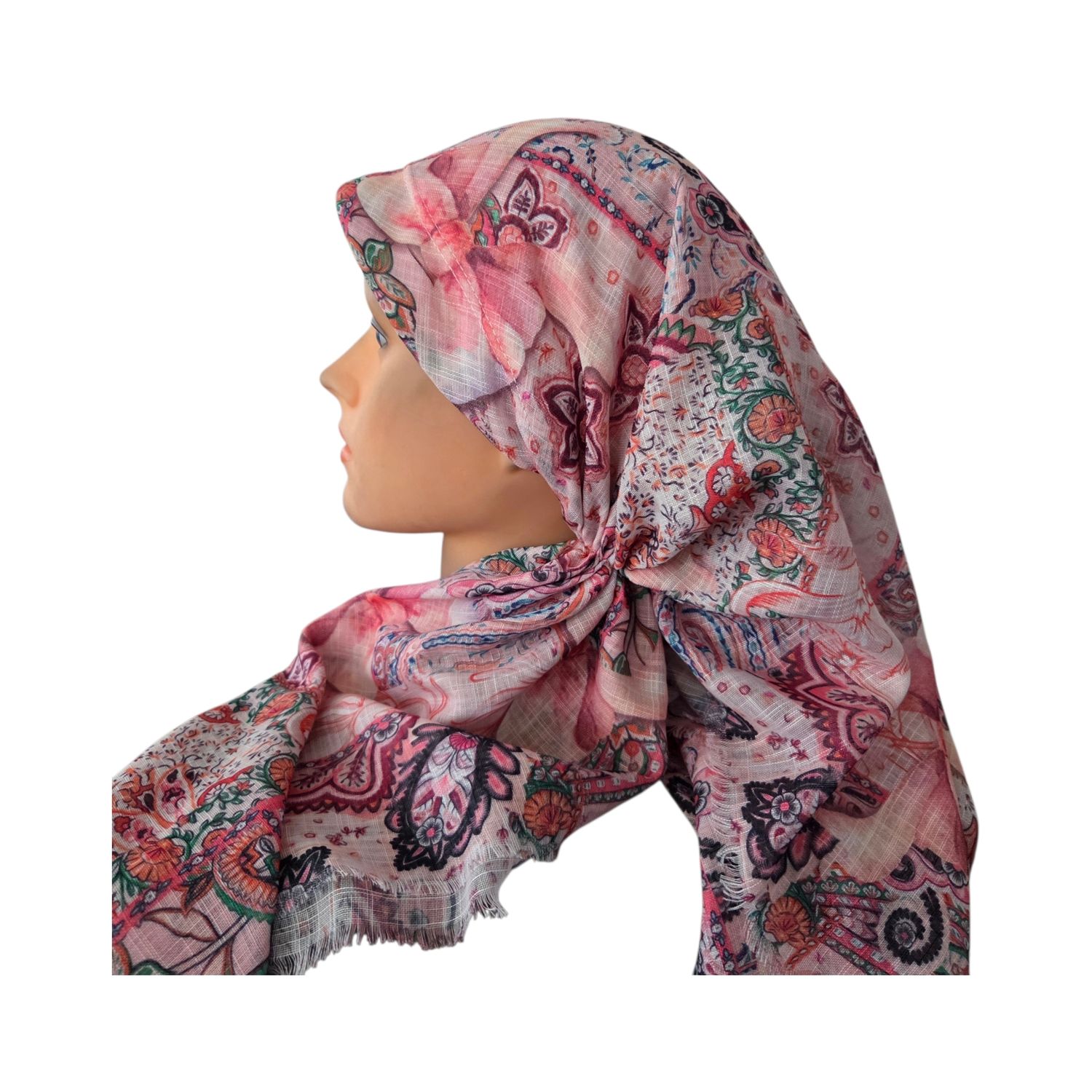 Off white floral and bow - long back pre-tied kerchief w/band sewn in  -  soft fringed edges material