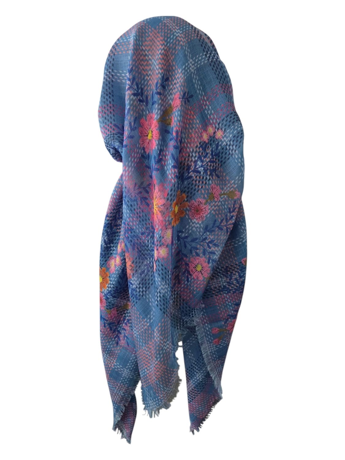 Denim color pretty - long back pre-tied kerchief w/band sewn in  -  soft fringed edges material