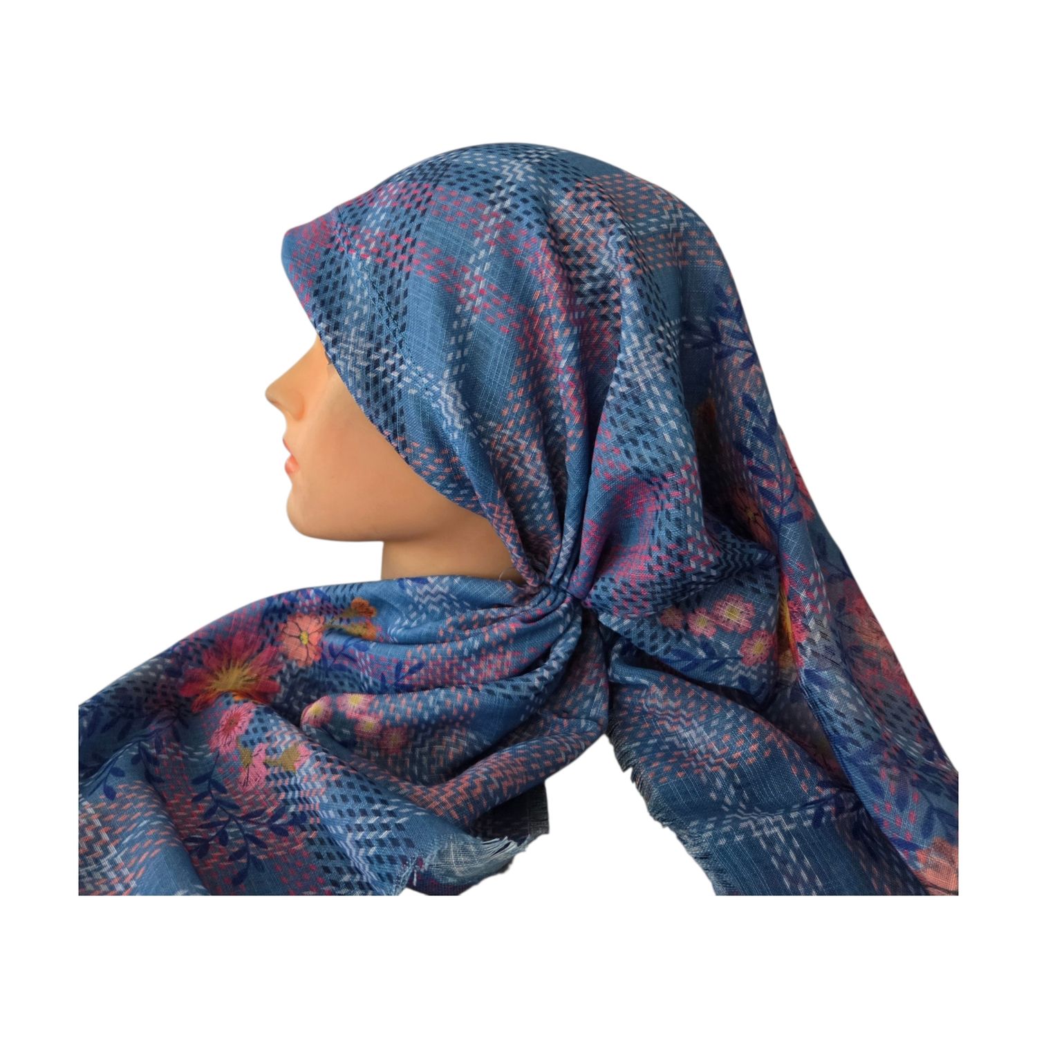 Denim color pretty - long back pre-tied kerchief w/band sewn in  -  soft fringed edges material