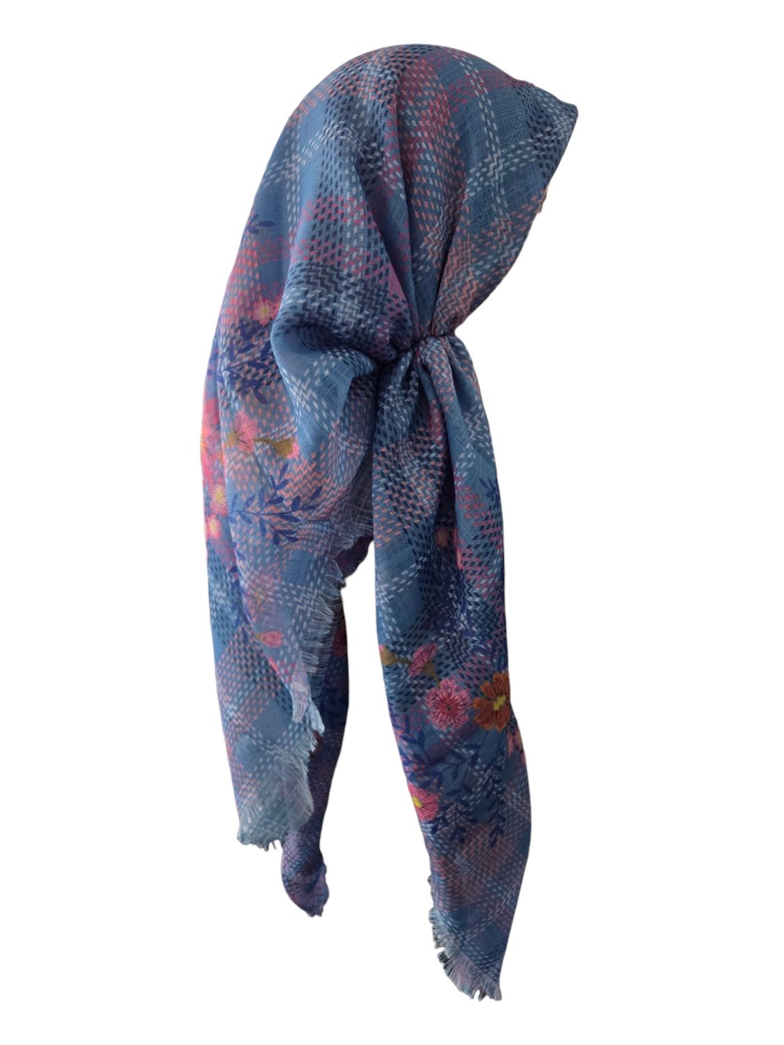 Denim color pretty - long back pre-tied kerchief w/band sewn in  -  soft fringed edges material