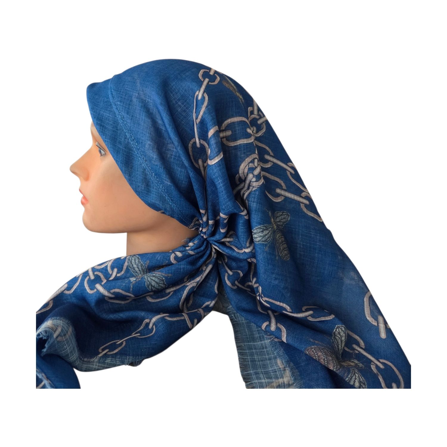 Shaded blue chains - long back pre-tied kerchief w/band sewn in  -  soft fringed edges material