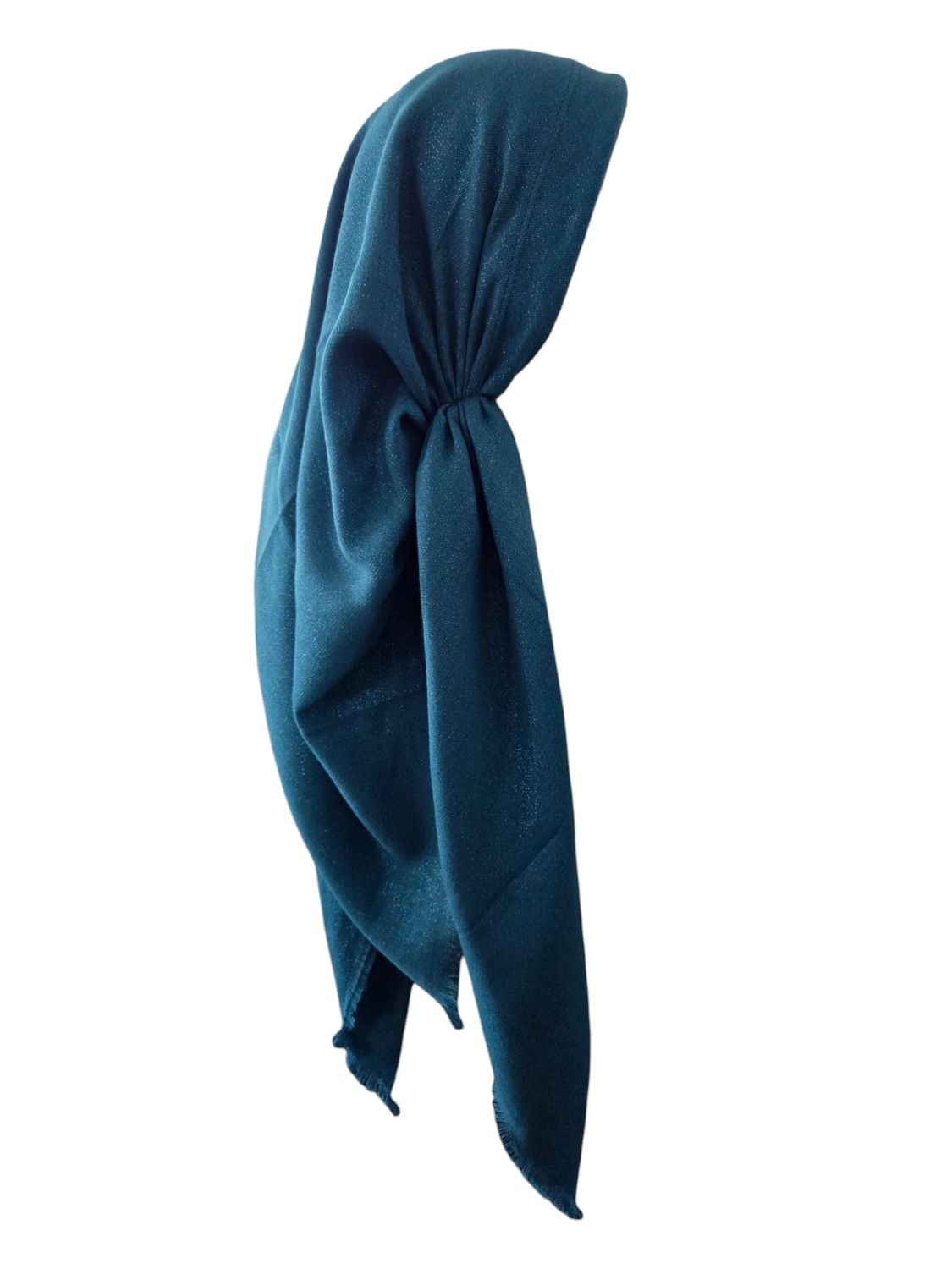 Deep teal glittery  - long back pre-tied kerchief w/band sewn in  -  soft fringed edges material