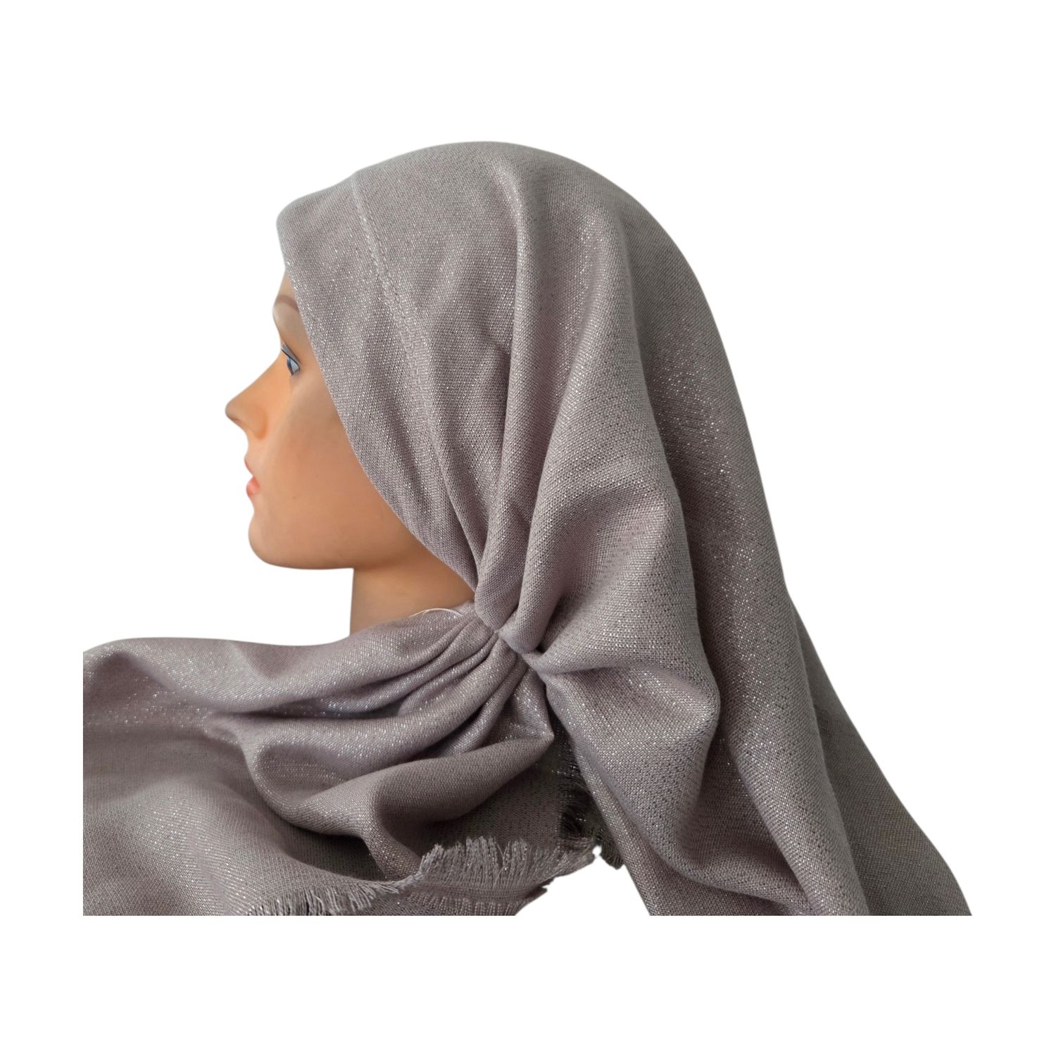Beige/tan glittery  - long back pre-tied kerchief w/band sewn in  -  soft fringed edges material