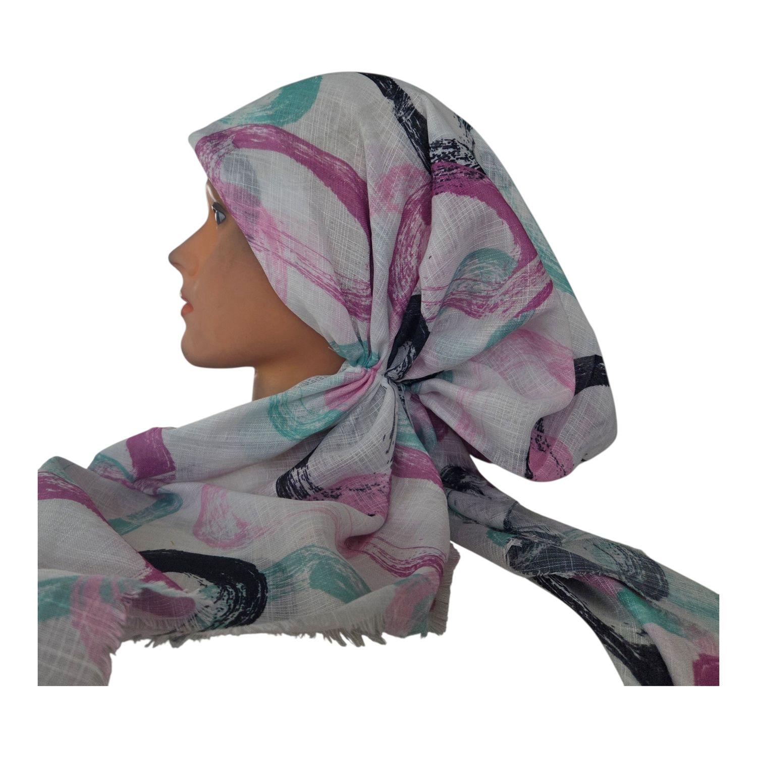 White/pastels  - Summer swirls - soft fringes pretied tichel