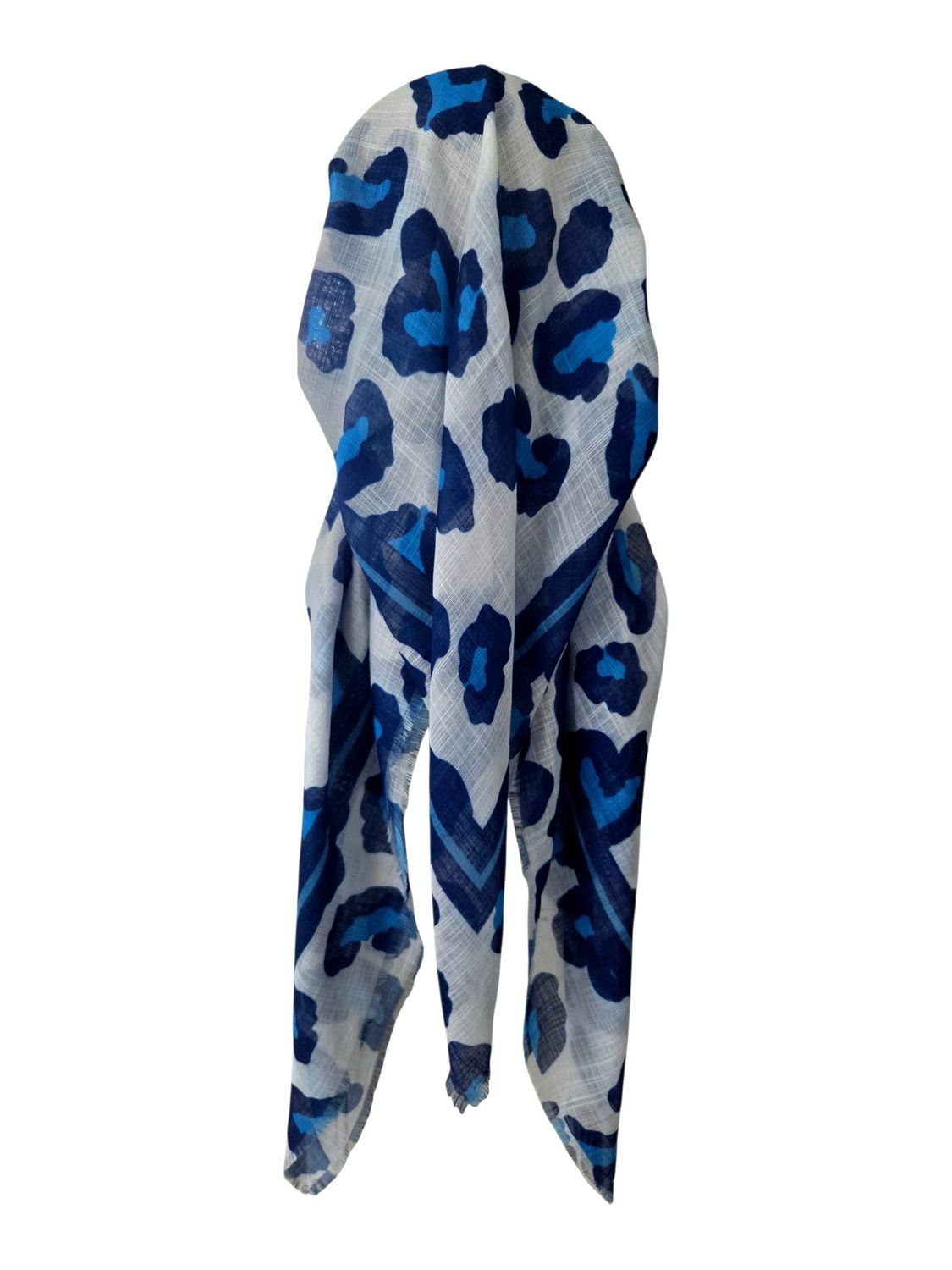 White/blue leopard - long kerchief back - soft fringes pretied tichel (BBS) w/band sewn in