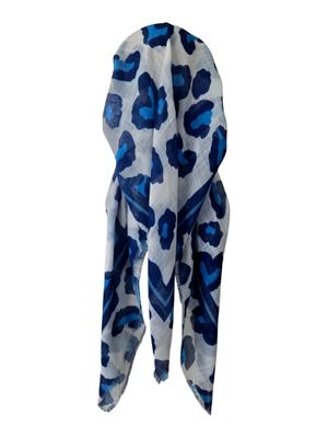 White/blue leopard - long kerchief back - soft fringes pretied tichel (BBS) w/band sewn in