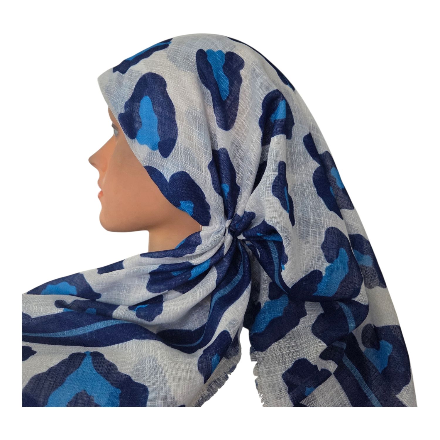 White/blue leopard - long kerchief back - soft fringes pretied tichel (BBS) w/band sewn in