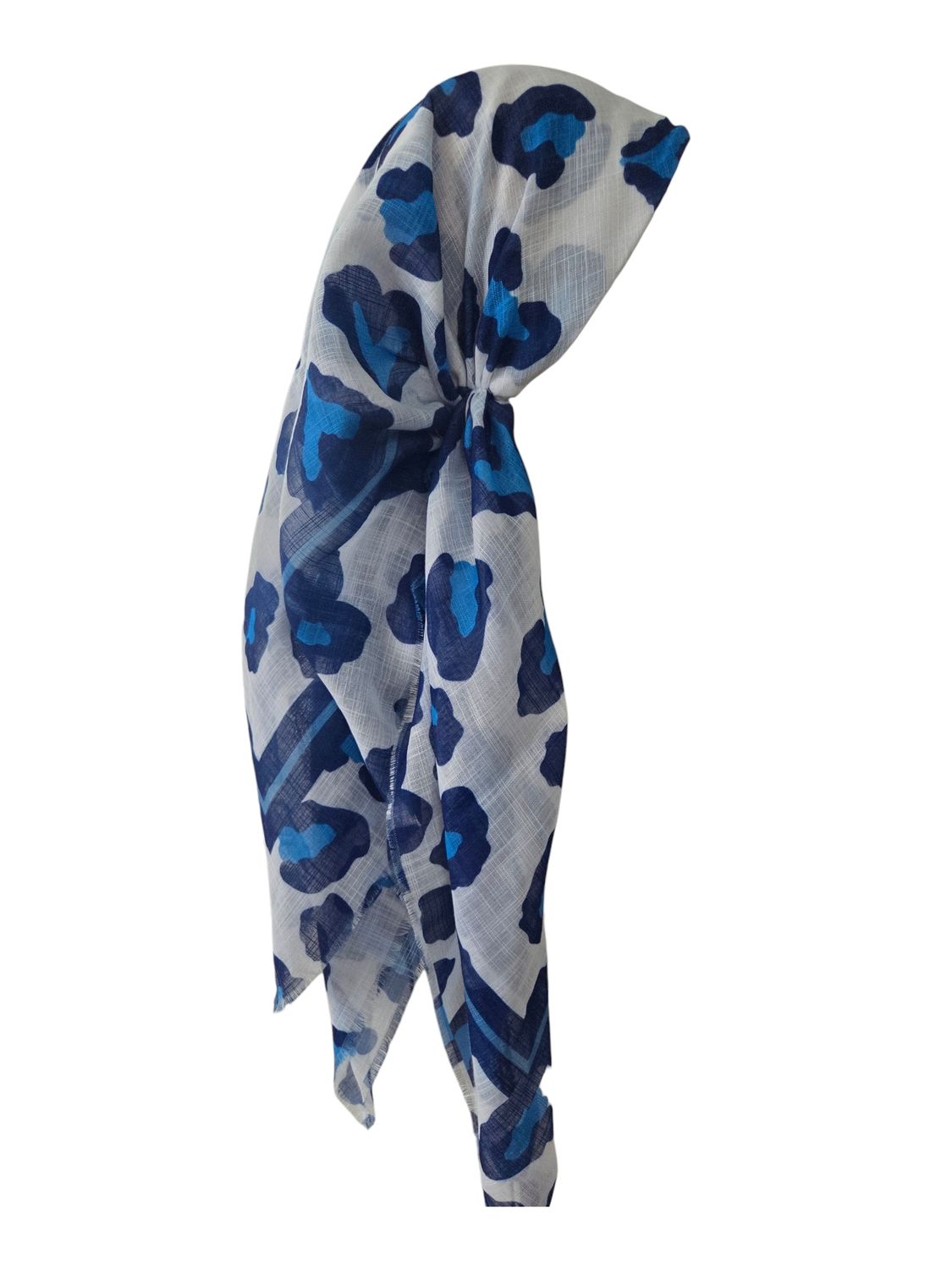 White/blue leopard - long kerchief back - soft fringes pretied tichel (BBS) w/band sewn in