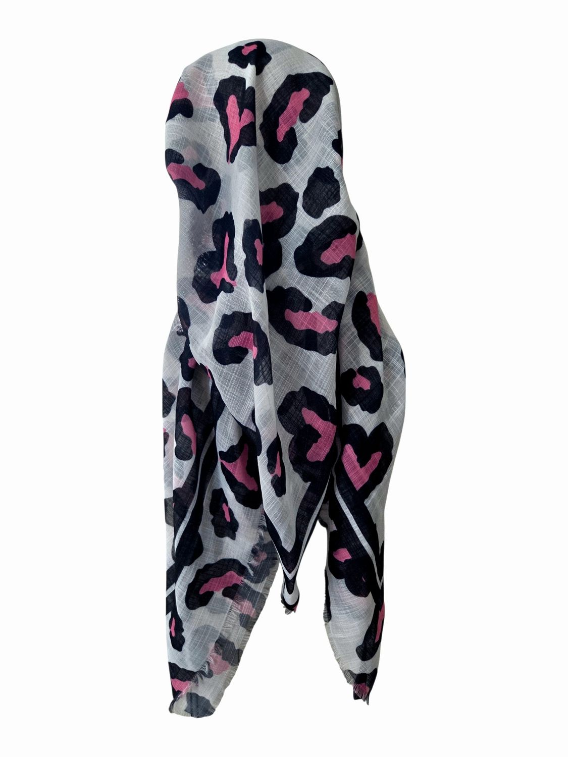 White/pink leopard - long kerchief back - soft fringes pretied tichel (BBS) w/band sewn in