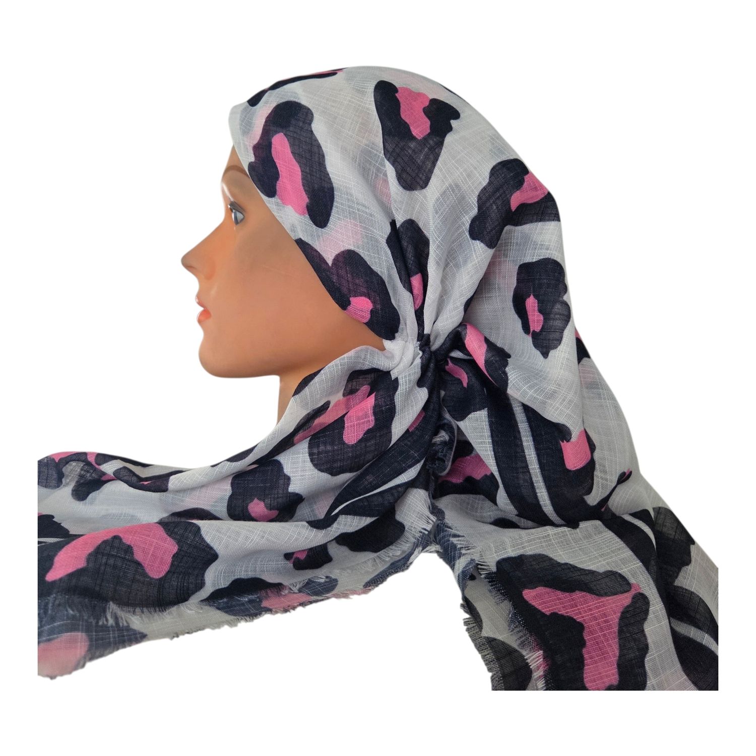 White/pink leopard - long kerchief back - soft fringes pretied tichel (BBS) w/band sewn in