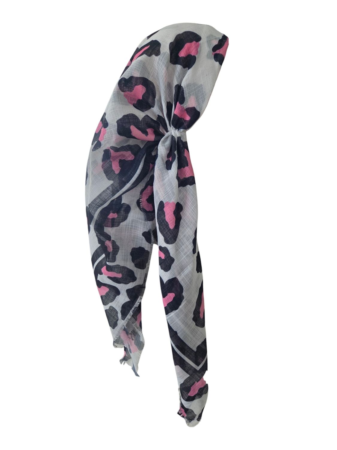 White/pink leopard - long kerchief back - soft fringes pretied tichel (BBS) w/band sewn in