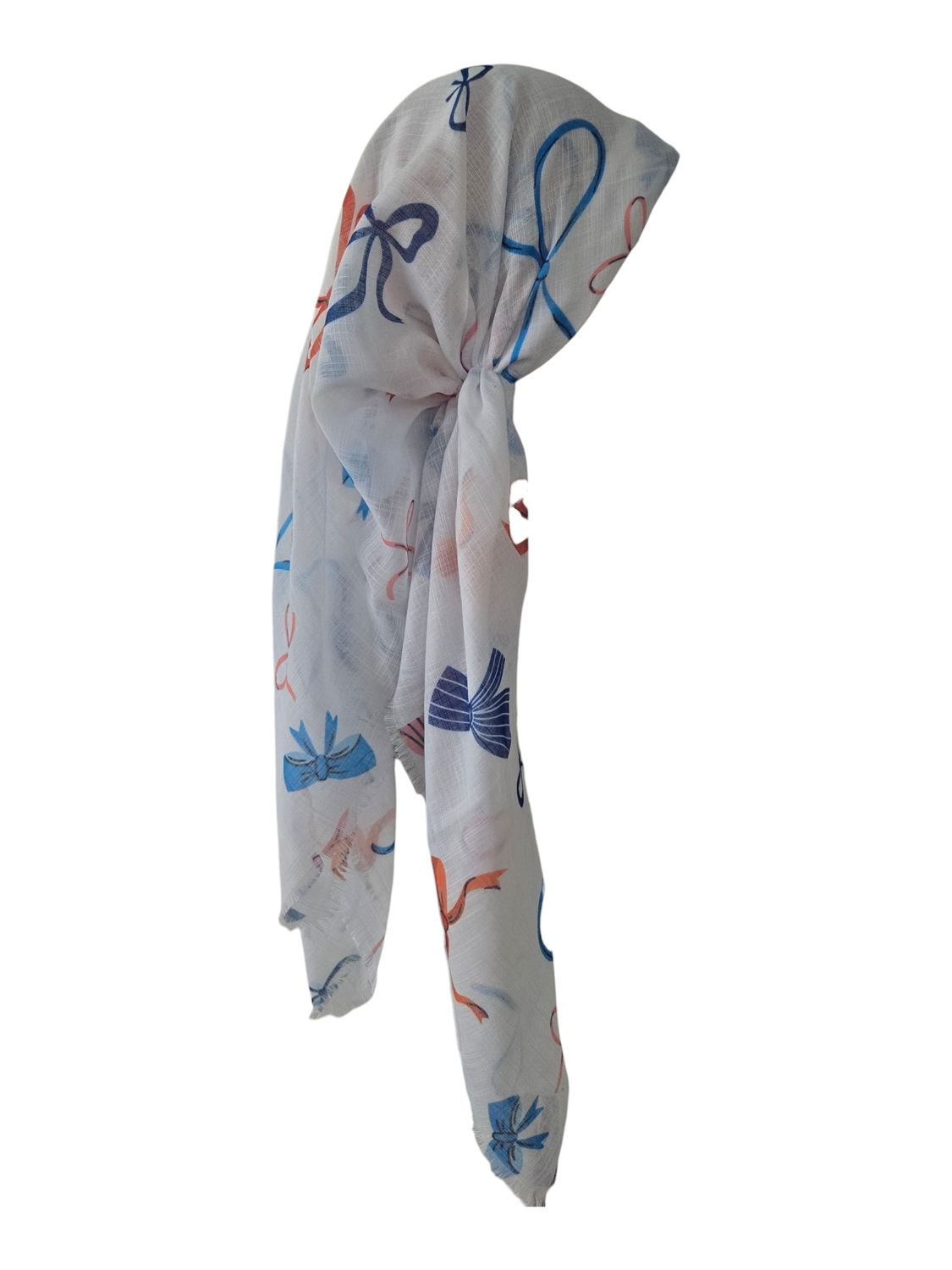 White/bows -  long kerchief back - soft fringes pretied tichel (BBS) w/band sewn in