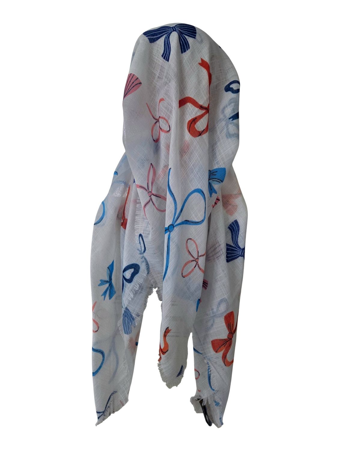 White/bows -  long kerchief back - soft fringes pretied tichel (BBS) w/band sewn in