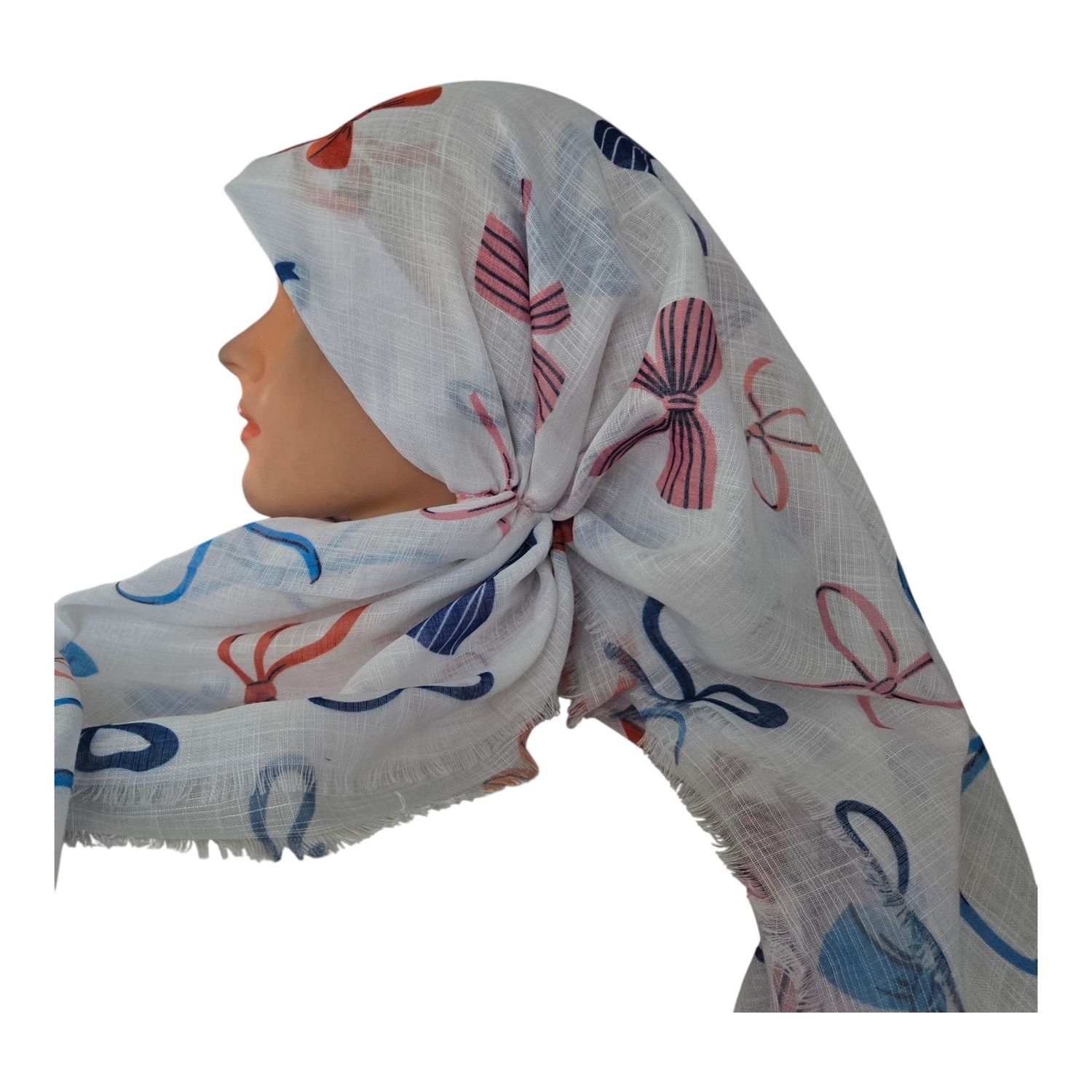 White/bows -  long kerchief back - soft fringes pretied tichel (BBS) w/band sewn in