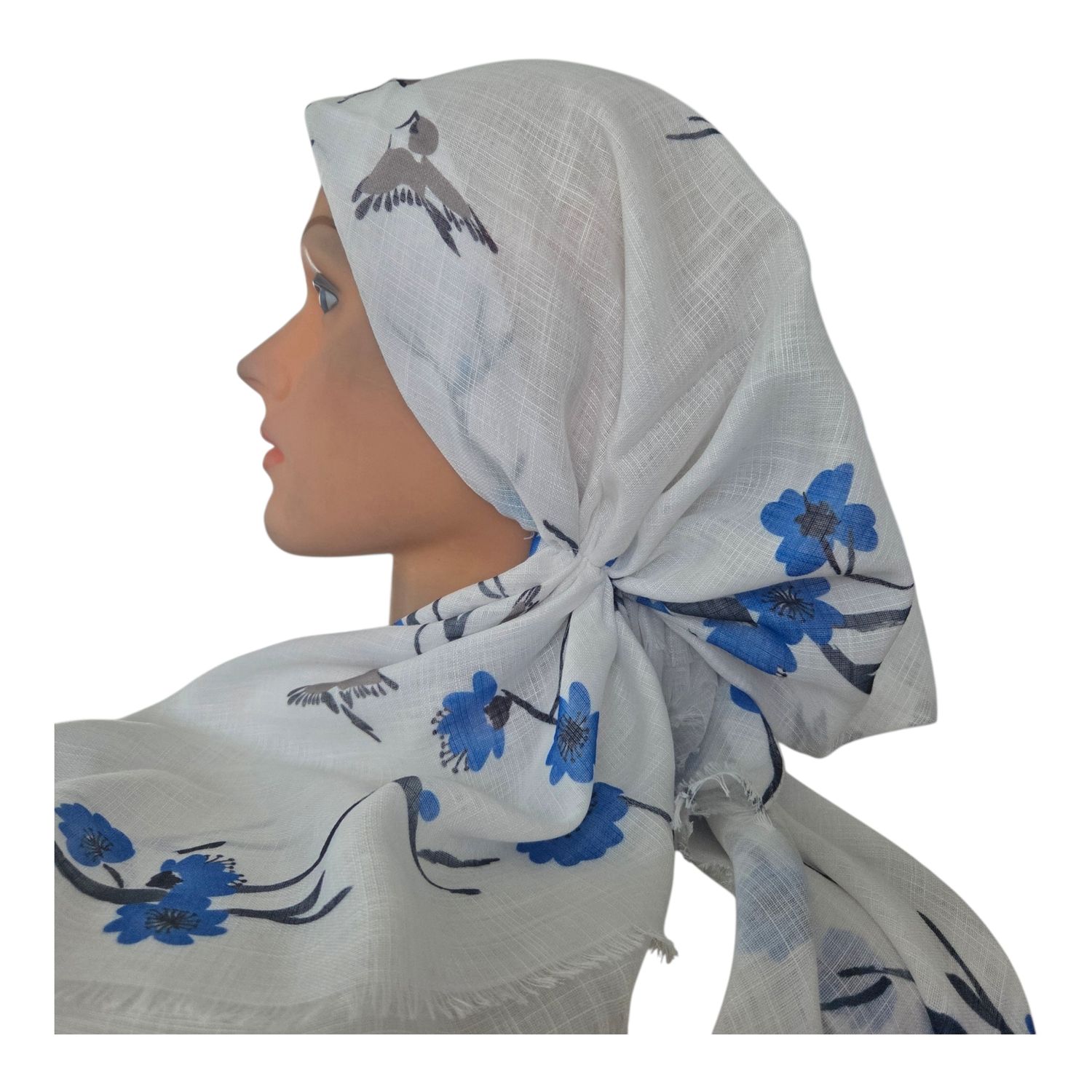 White flowers &amp; birds - soft fringes pretied tichel