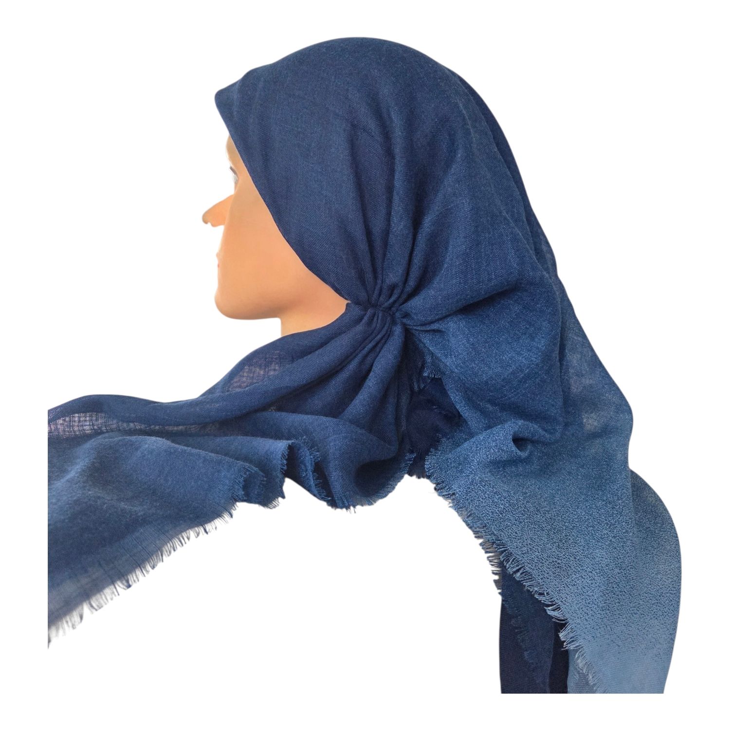 Denim - Shaded - long kerchief back - soft fringes pretied tichel (BBS) w/band sewn in