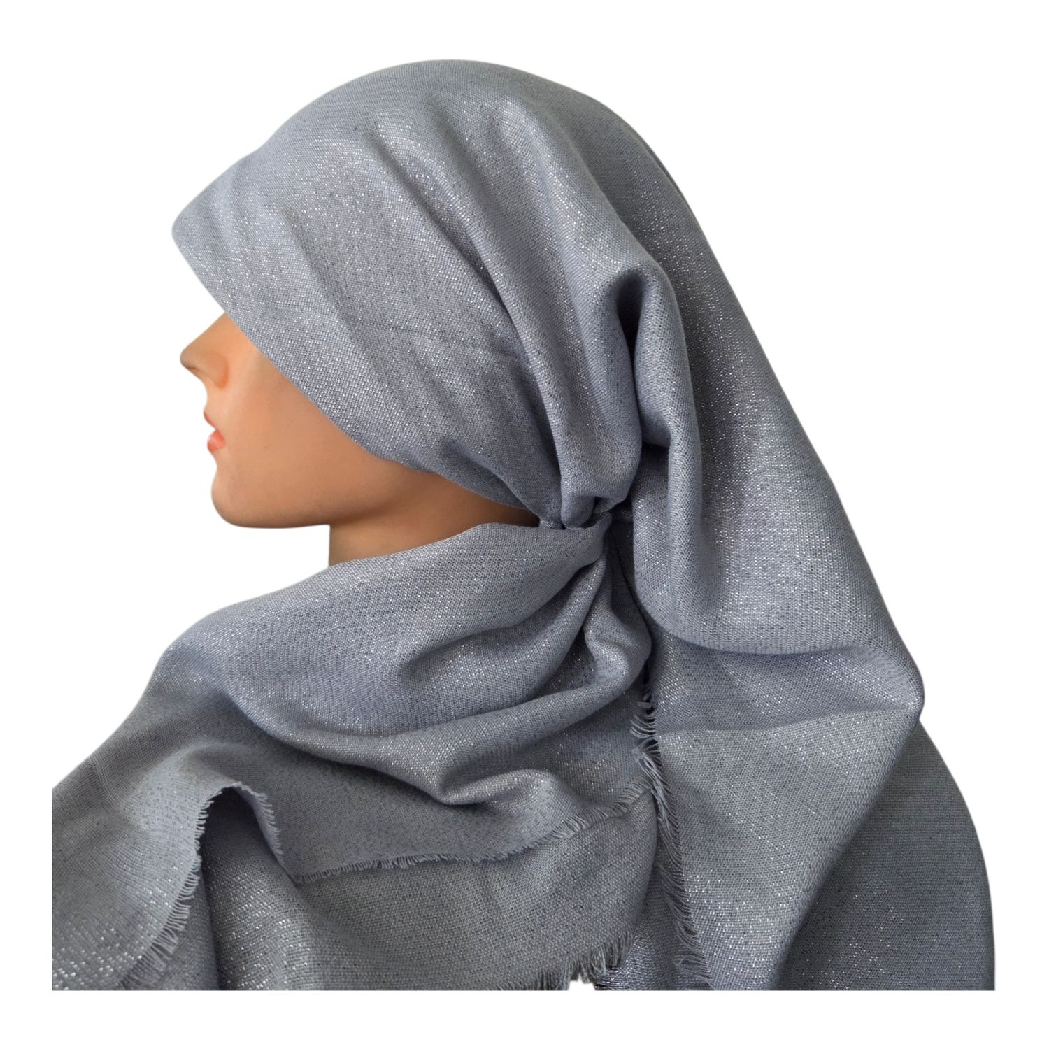 Light silvery gray - Glittery - long kerchief back - soft fringes pretied tichel (BBS) w/band sewn in